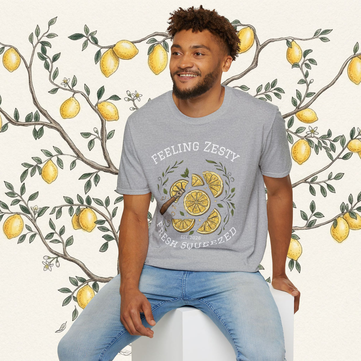 Gray short-sleeve tee with lemon slice emblem and “Fresh Squeezed” text