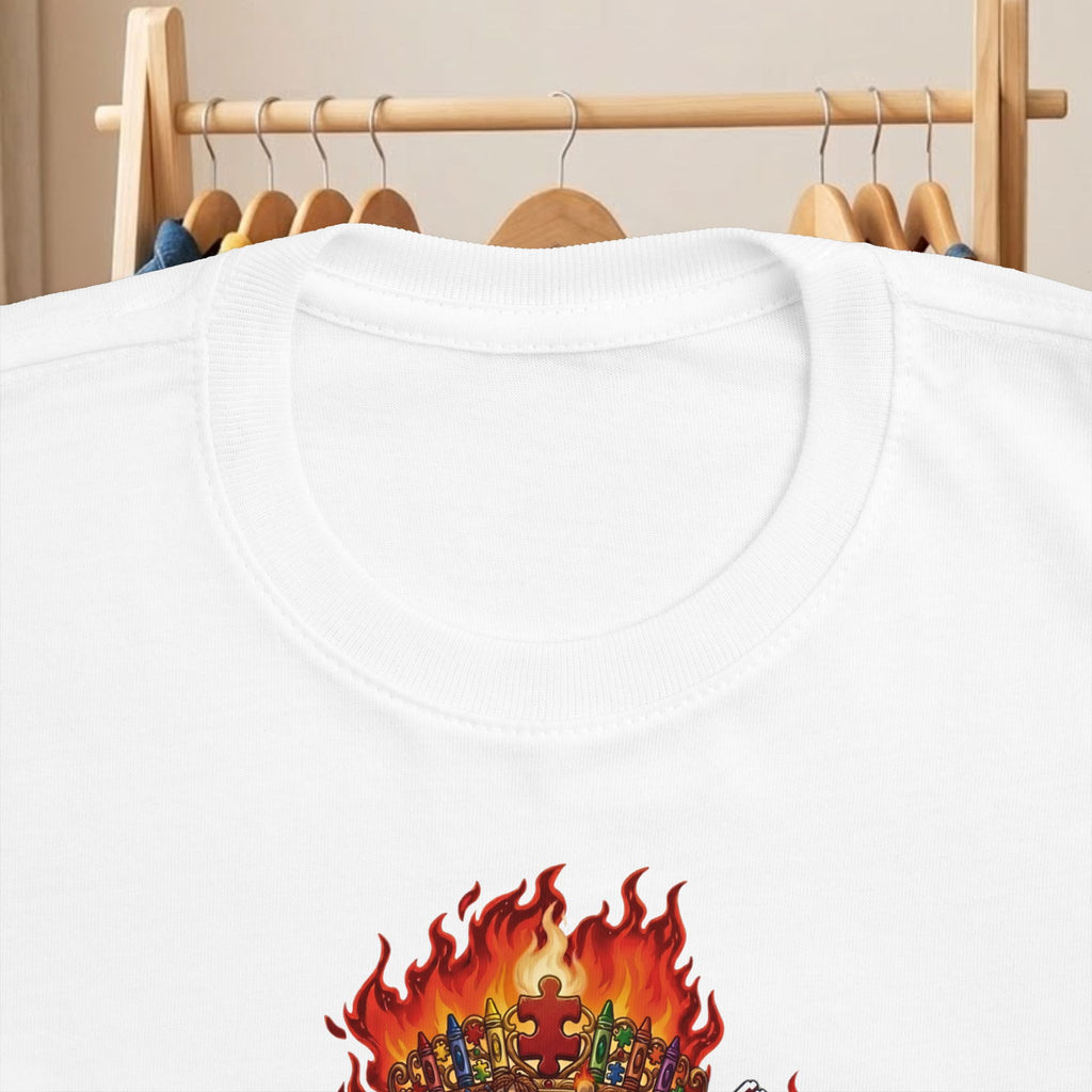 White toddler T-shirt with crew neck and partial fiery graphic at chest