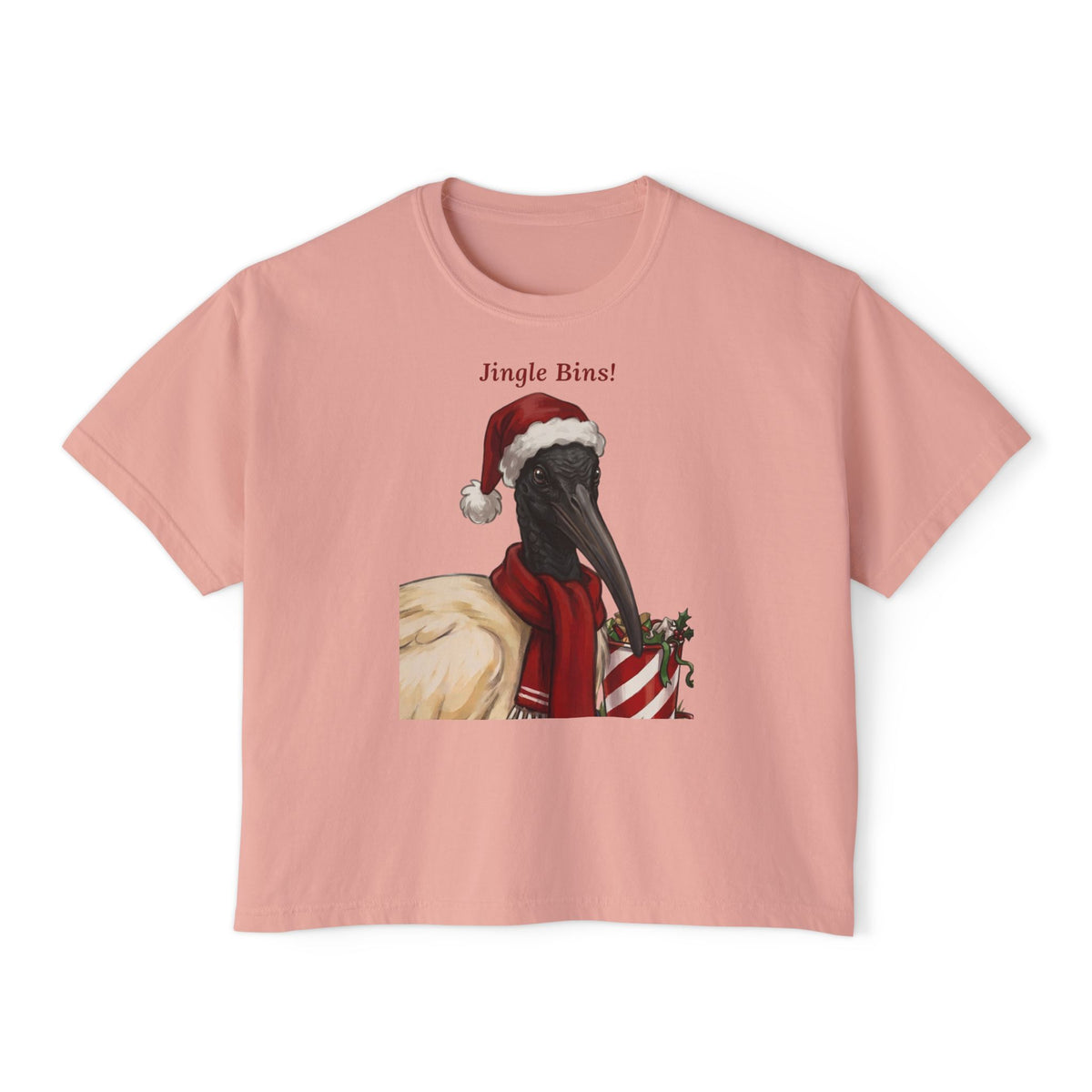 Peachy pink crewneck T-shirt with “Jingle Bins!” bird in Santa hat illustration