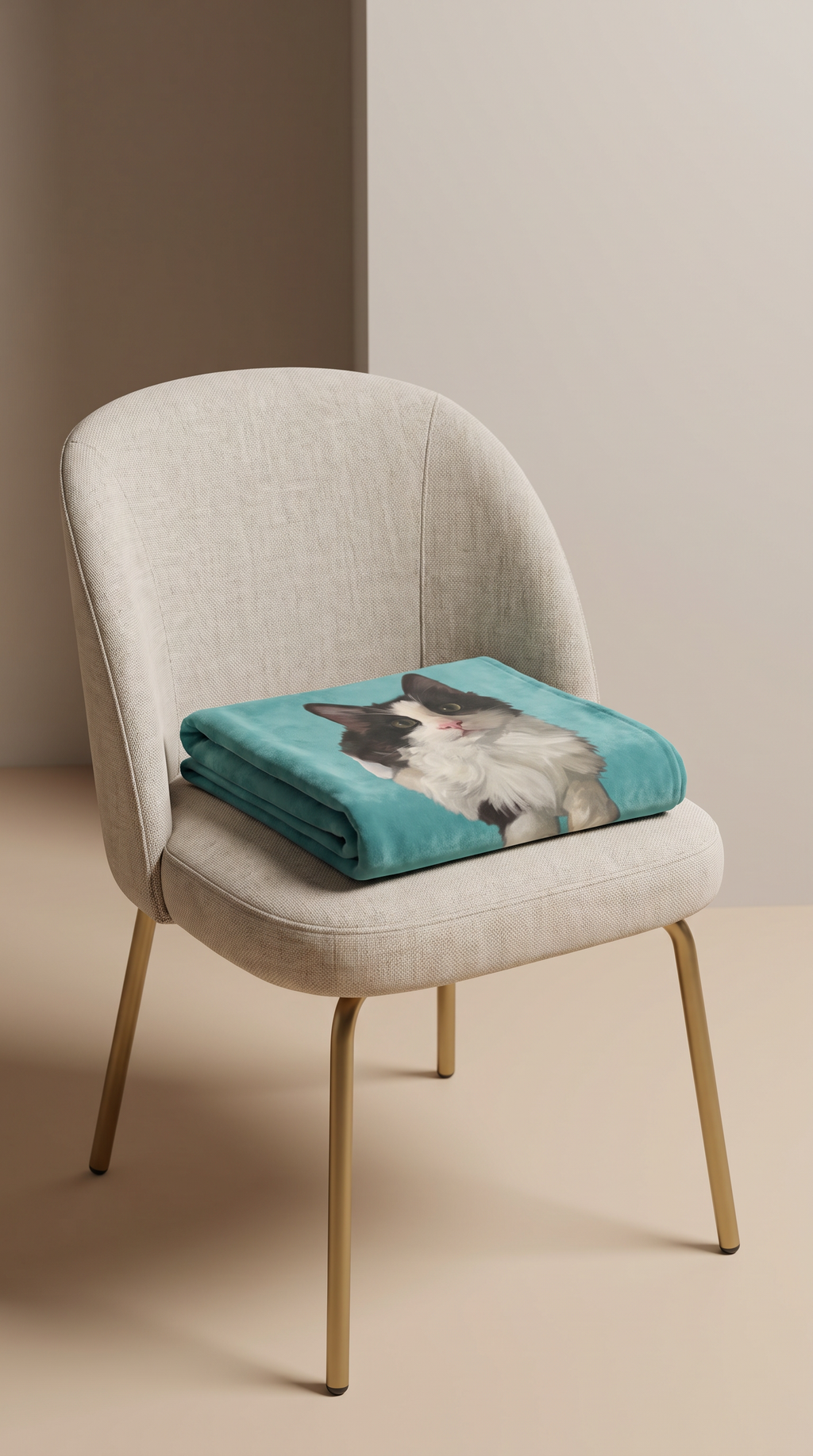 Personalized pet photo blanket folded on beige chair, teal plush with cat portrait