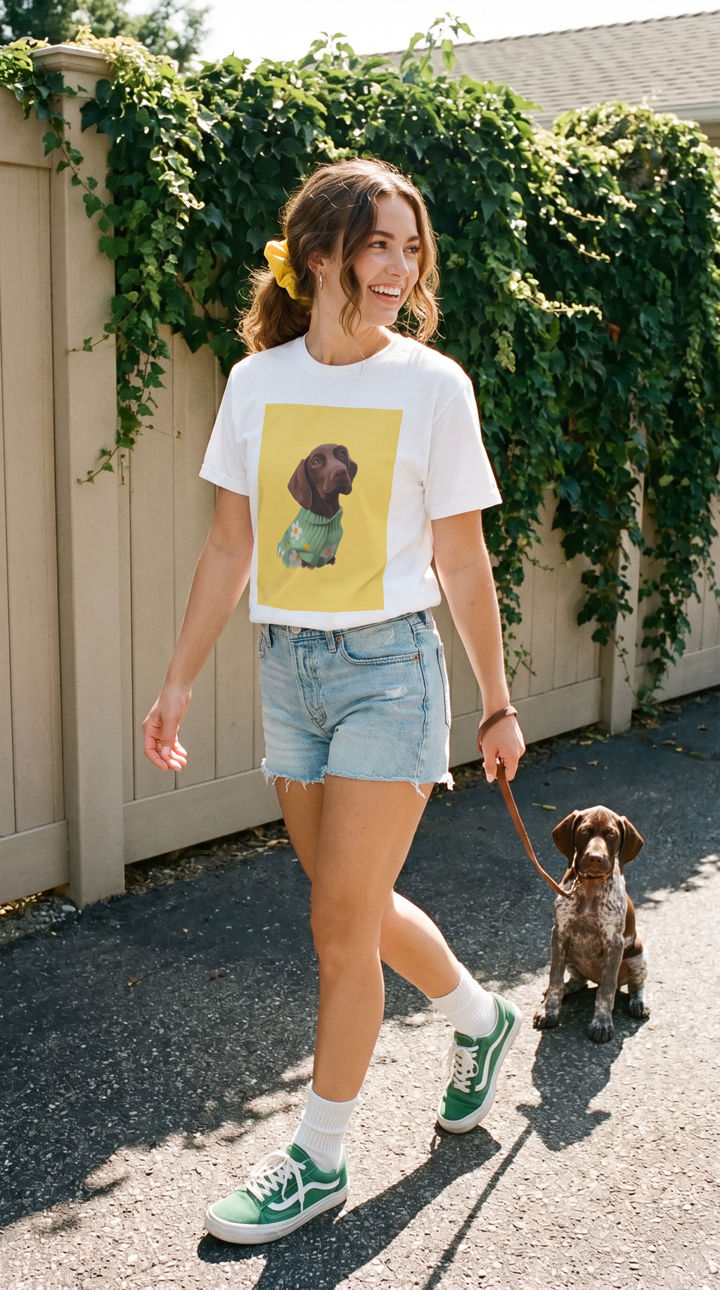 White crew-neck pet portrait T-shirt with dog artwork and floral green scarf on chest