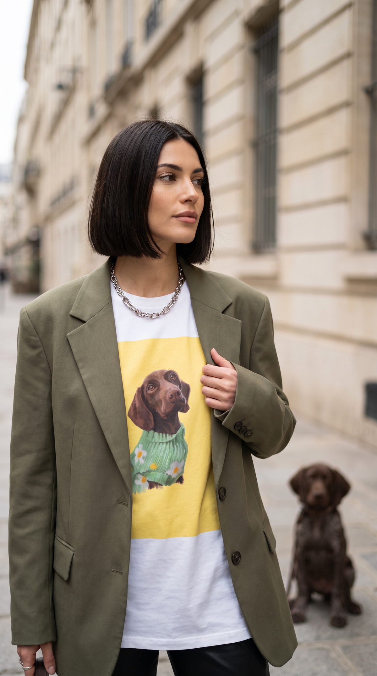 White crew-neck pet portrait T-shirt with dog artwork centered on the chest