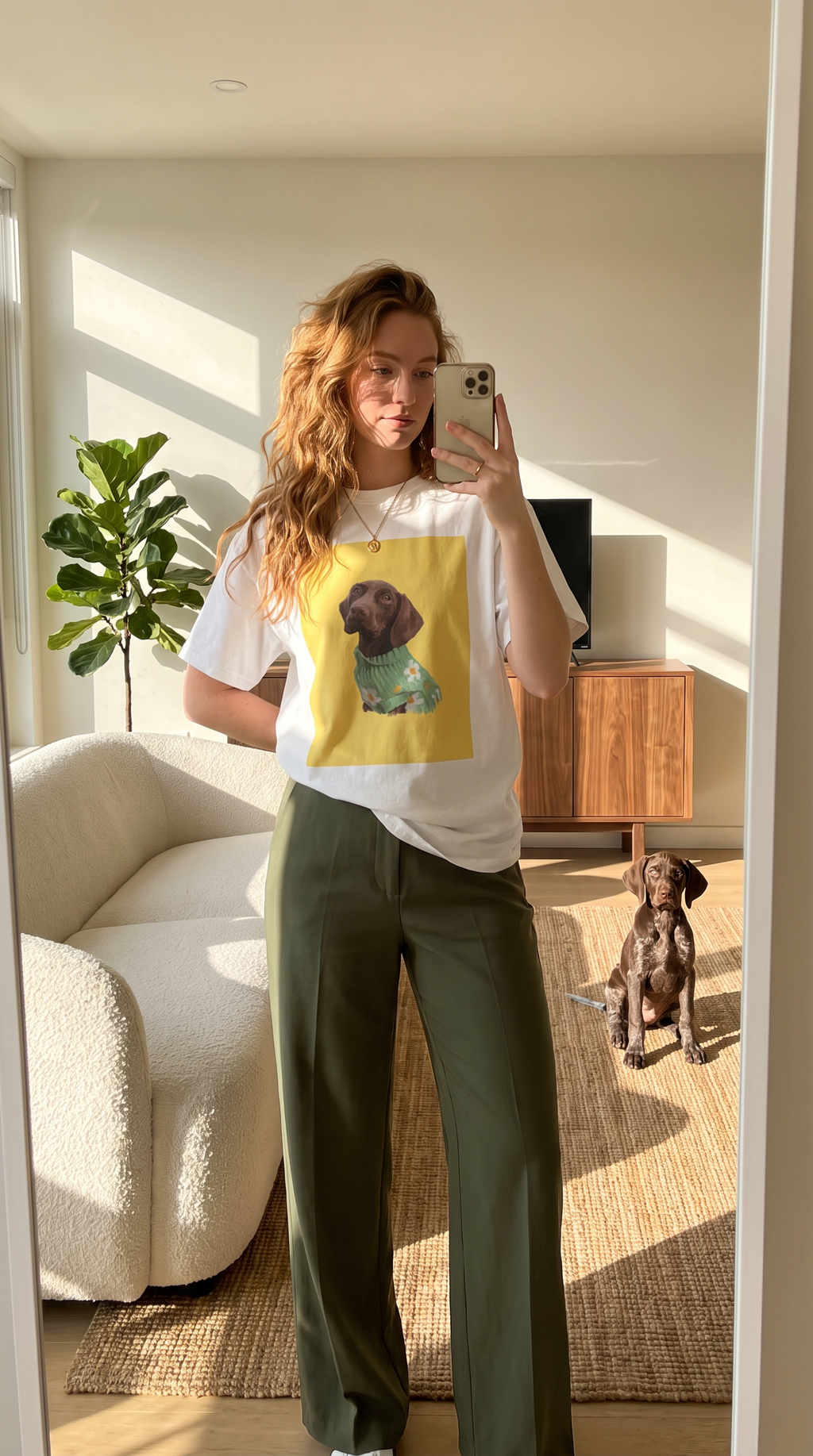 White crew-neck pet portrait T-shirt with dog artwork centered on the chest