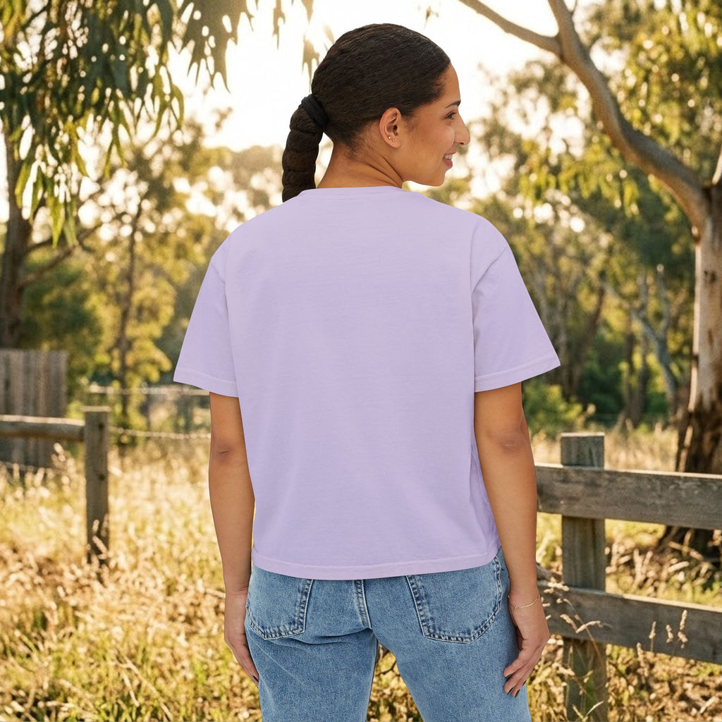 Lavender boxy T-shirt with short sleeves, shown from the back.