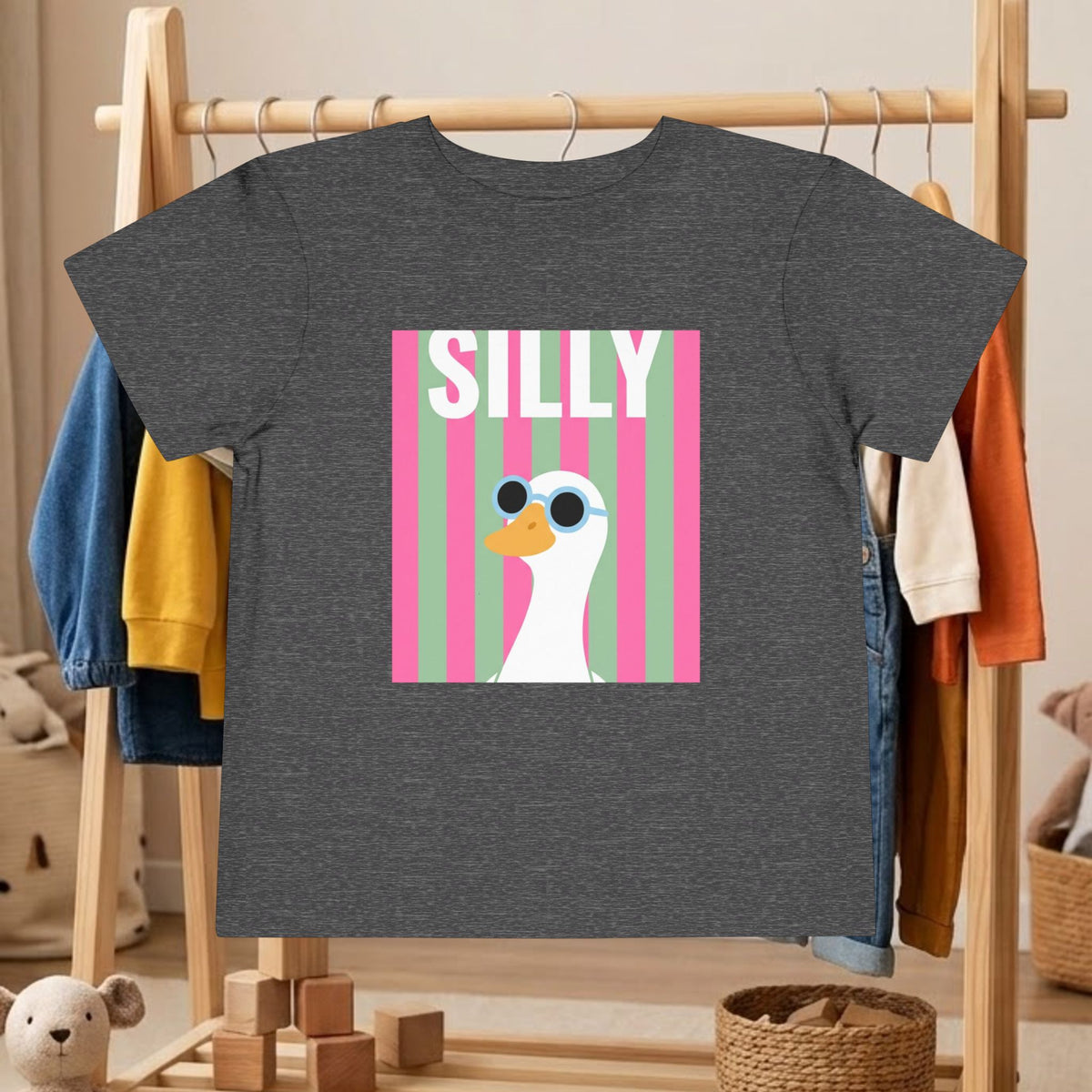 Dark gray toddler graphic tee with pink 'SILLY' duck sunglasses front print