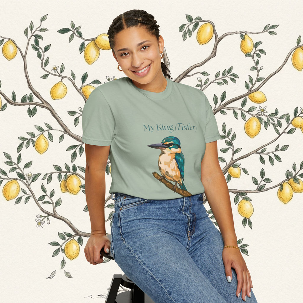 Seafoam green kingfisher graphic T-shirt front view, crew neck, short sleeves