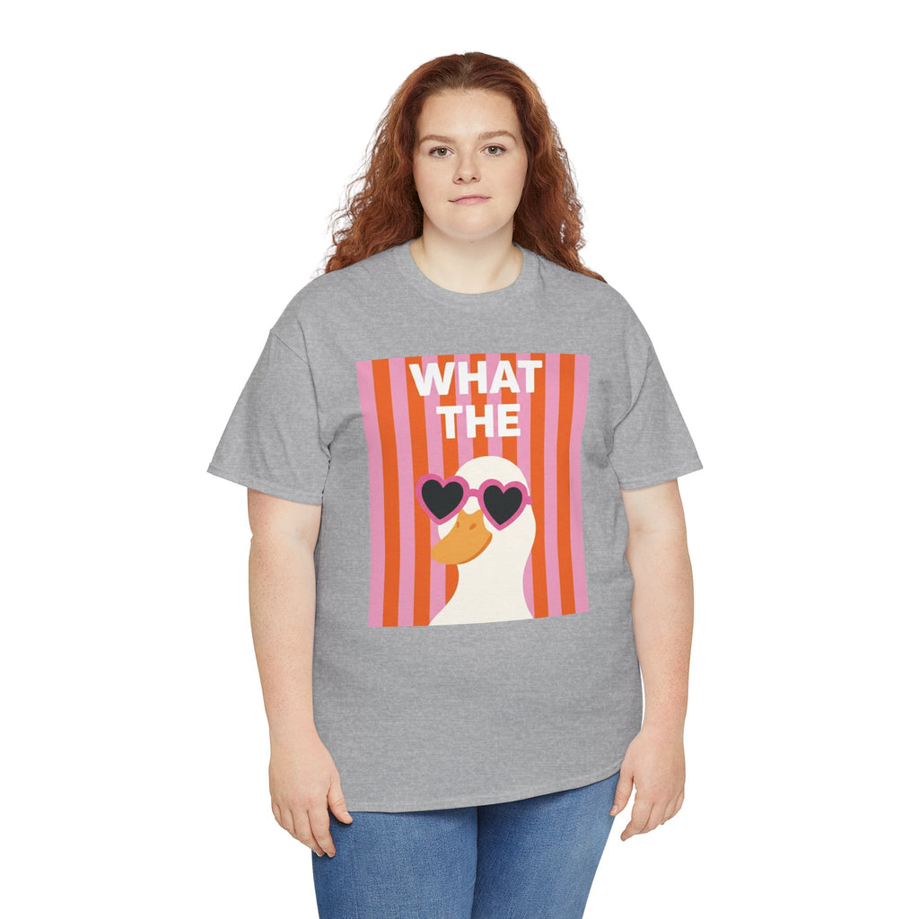 Heather gray T-shirt with duck heart sunglasses graphic, front view