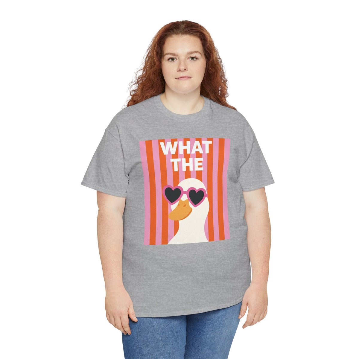 Heather gray T-shirt with duck heart sunglasses graphic, front view