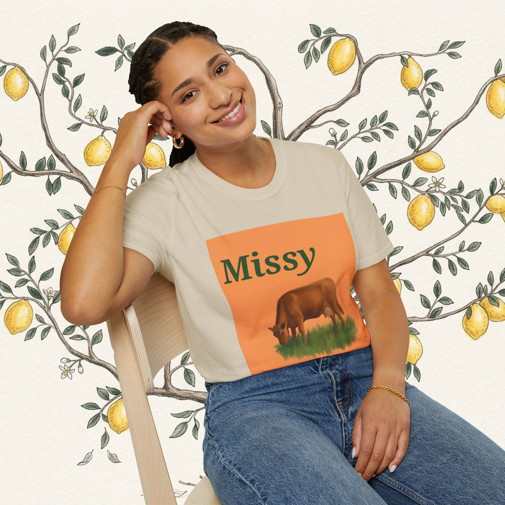 Heather grey short-sleeve T-shirt with orange square cow graphic and text