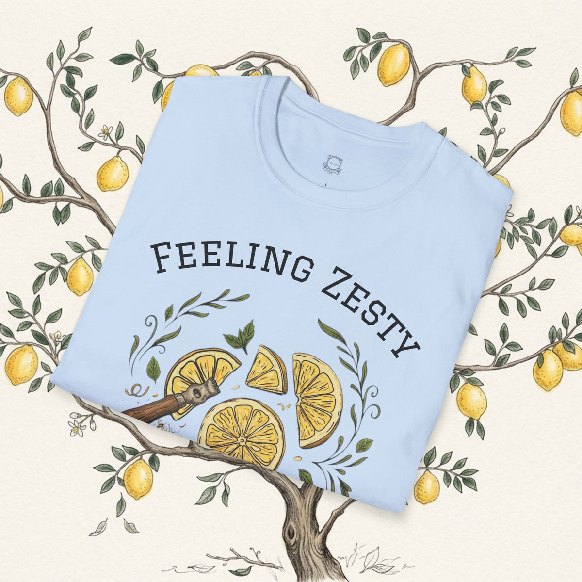 Light blue crewneck graphic tee with "FEELING ZESTY" citrus print and leaf wreath