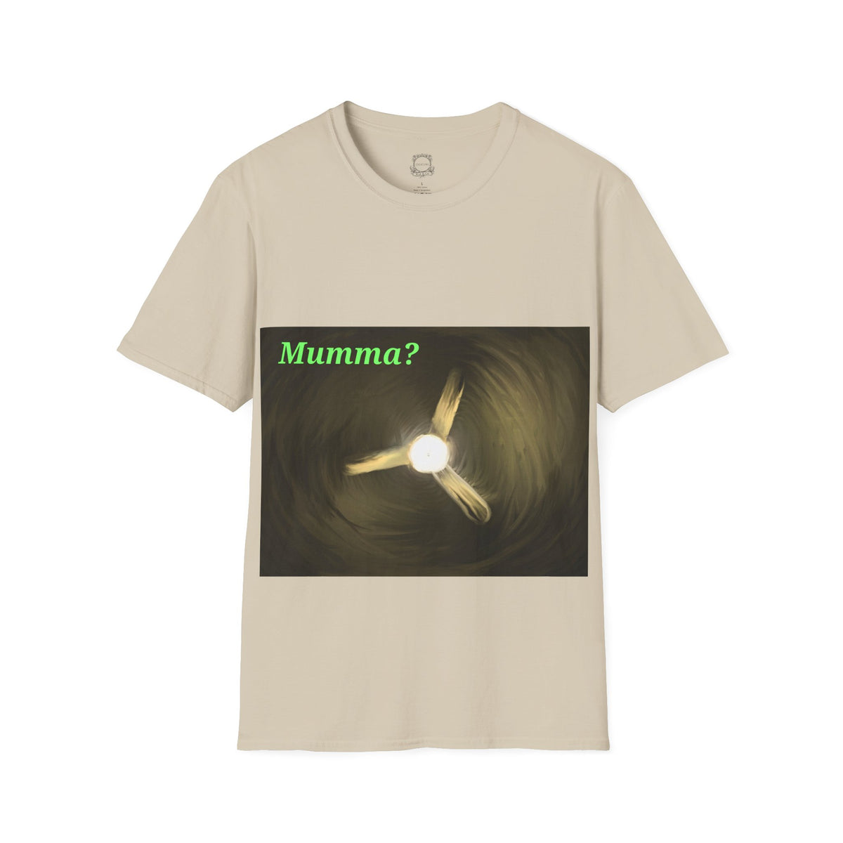 Natural beige ceiling fan graphic T-shirt with green "Mumma?" text and glowing fan artwork