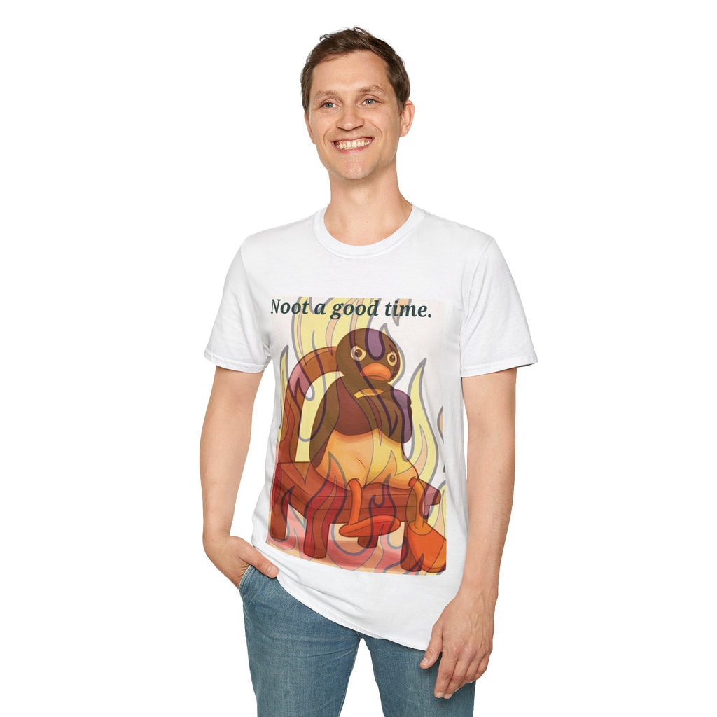 White tee with fiery duck graphic and 'Noot a good time' text on front