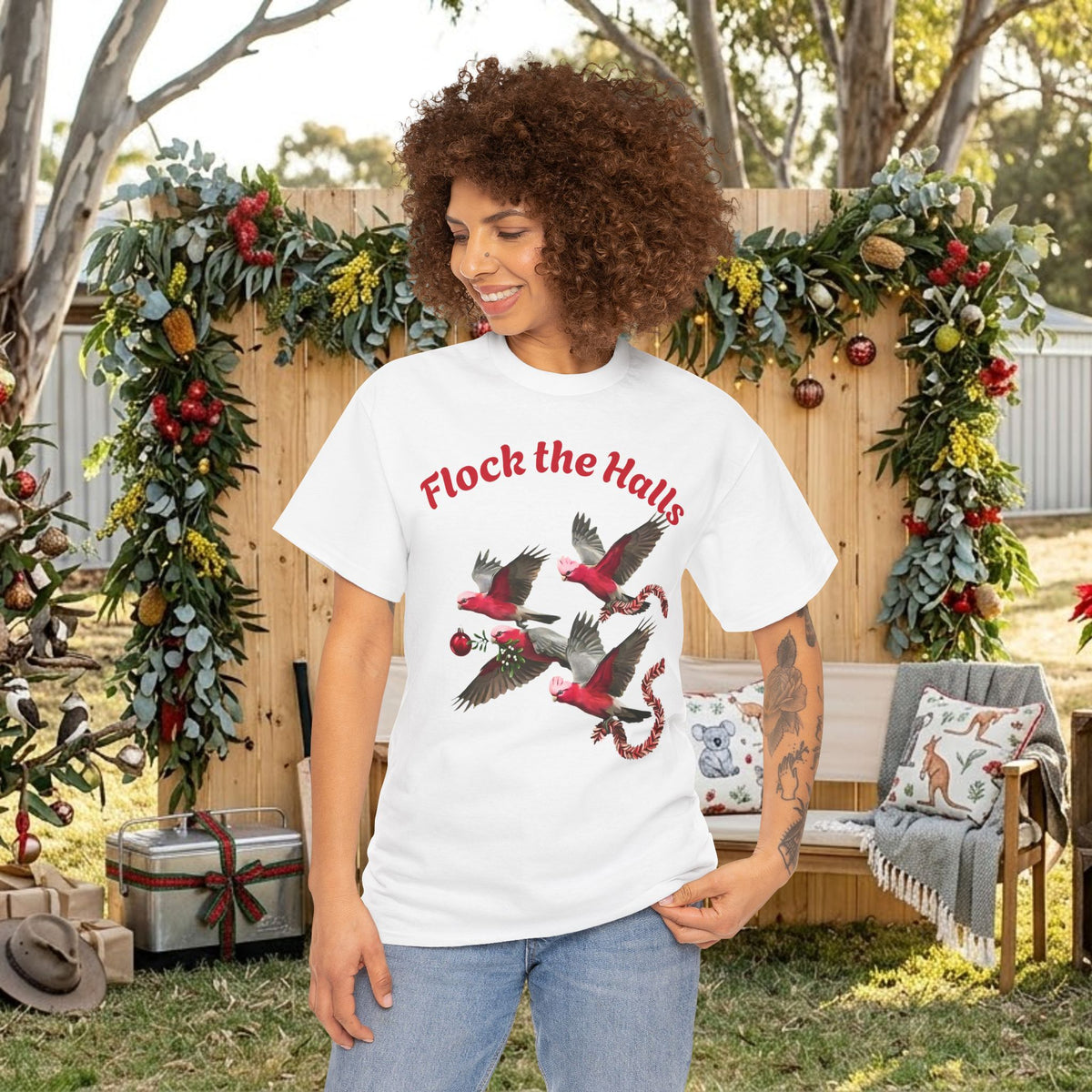 White Christmas cardinals graphic t-shirt with “Flock the Halls” text and birds