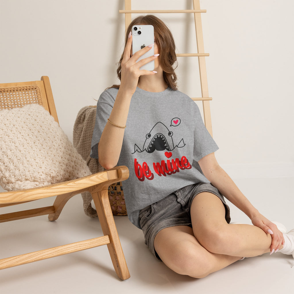 Heather gray t-shirt with shark graphic and red "be mine" text, worn for a selfie.