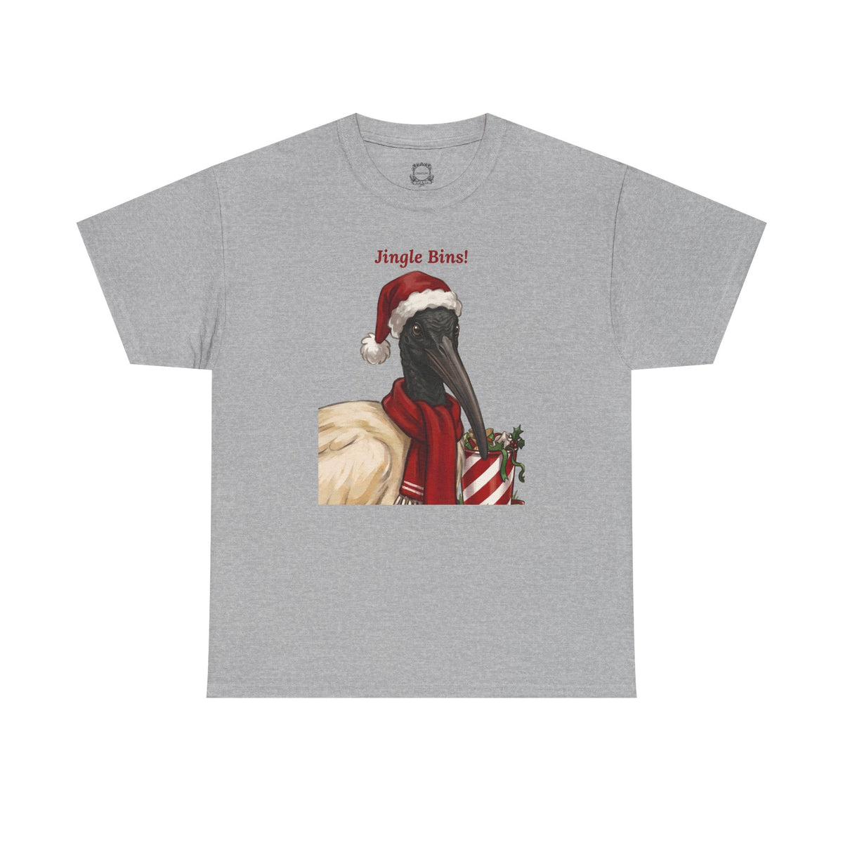 Gray crewneck t-shirt with “Jingle Bins!” Santa bird graphic on front