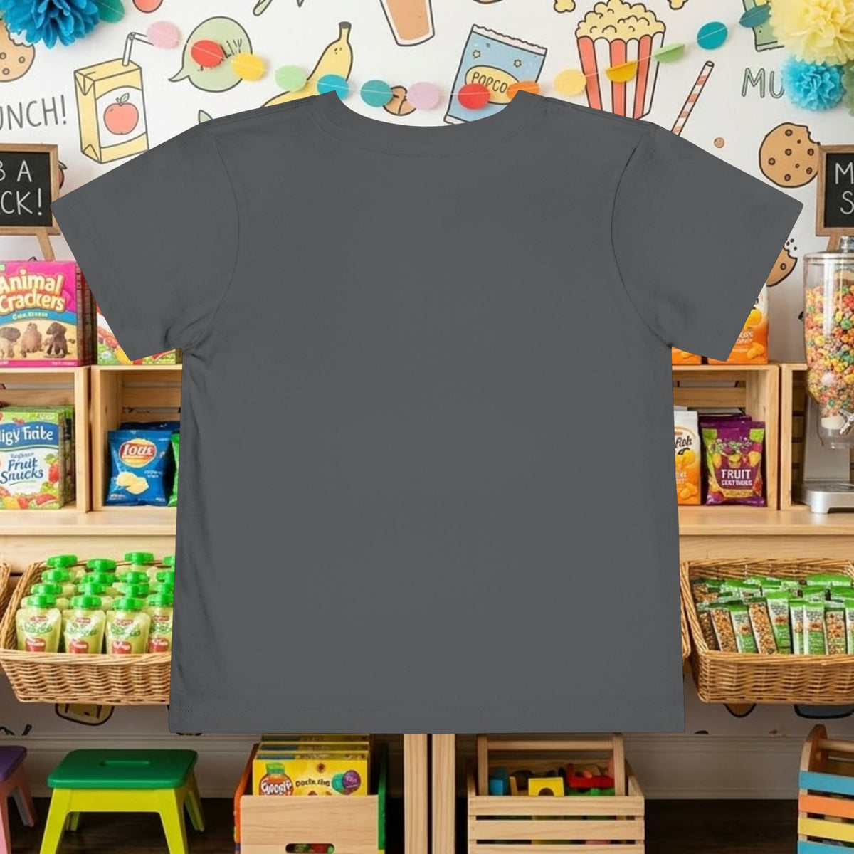 Toddler T-shirt in dark gray, crew neck, short sleeves (back view)