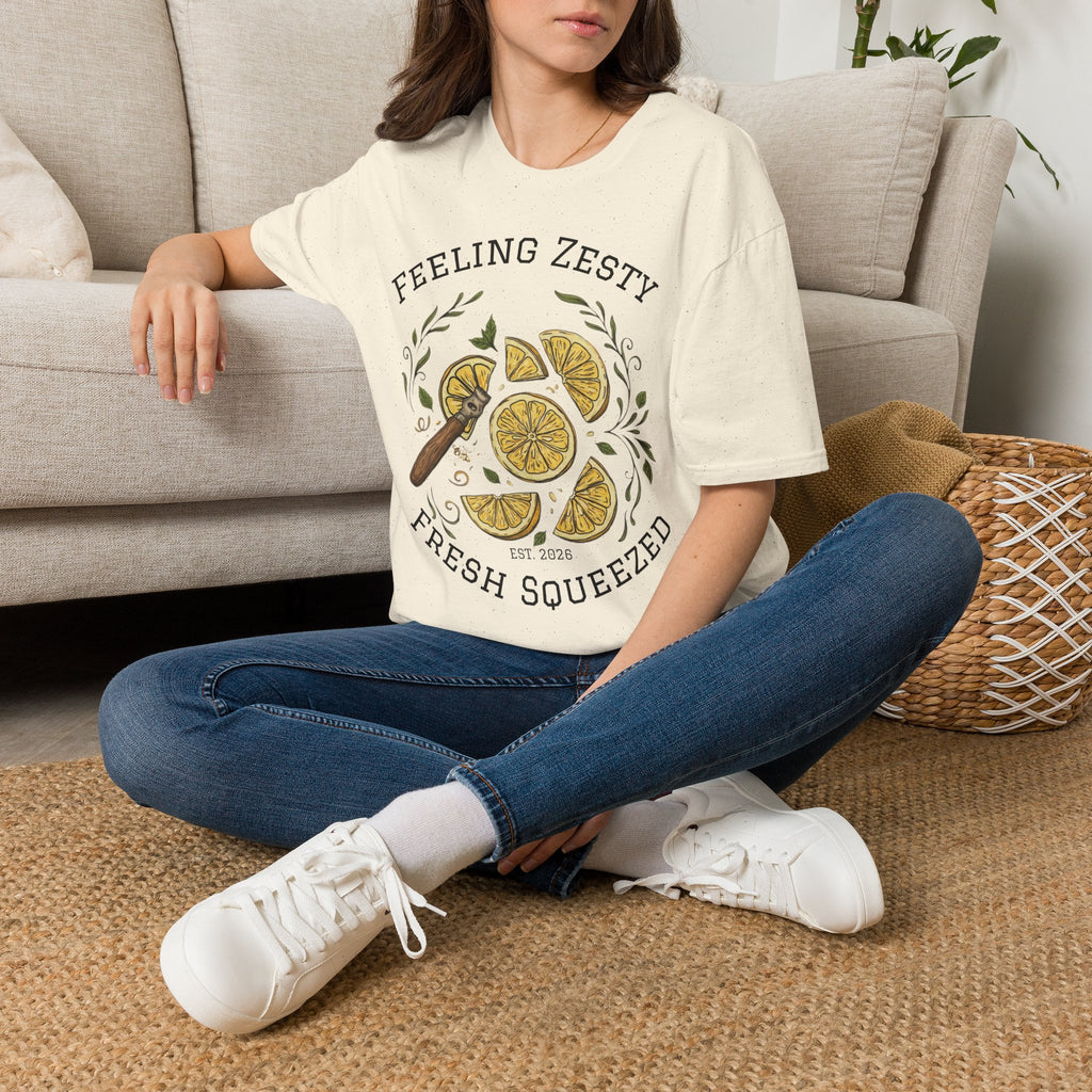Cream short-sleeve tee with lemon slice graphic and “Fresh Squeezed” text