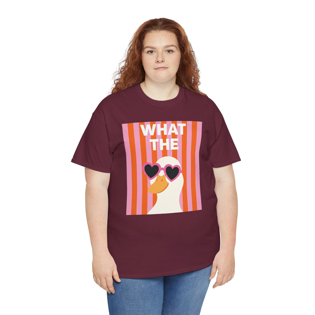 Maroon crewneck t-shirt with retro heart sunglasses graphic panel, front view.