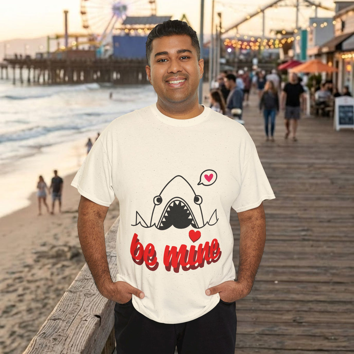 Off-white T-shirt with shark graphic and red 'be mine' lettering