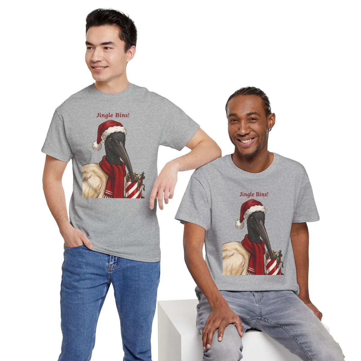 Heather gray graphic T-shirt with ibis in Santa hat and “Jingle Bins!” front print.