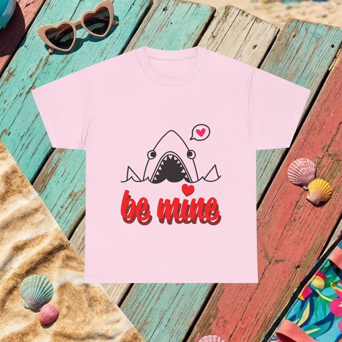 Light pink T-shirt with shark graphic and red 'be mine' lettering