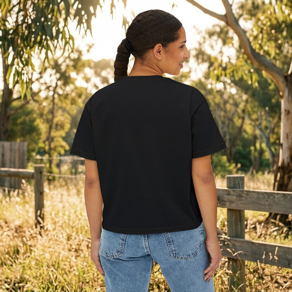 Black boxy T-shirt with short sleeves, shown from the back.