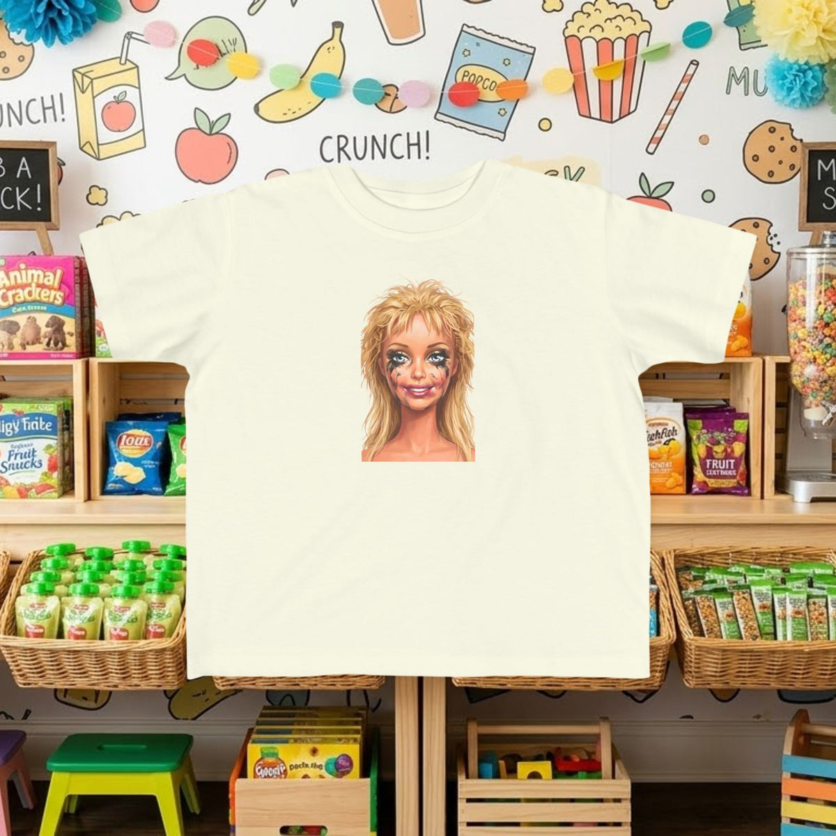Toddler graphic T-shirt, white with smudged doll face portrait print
