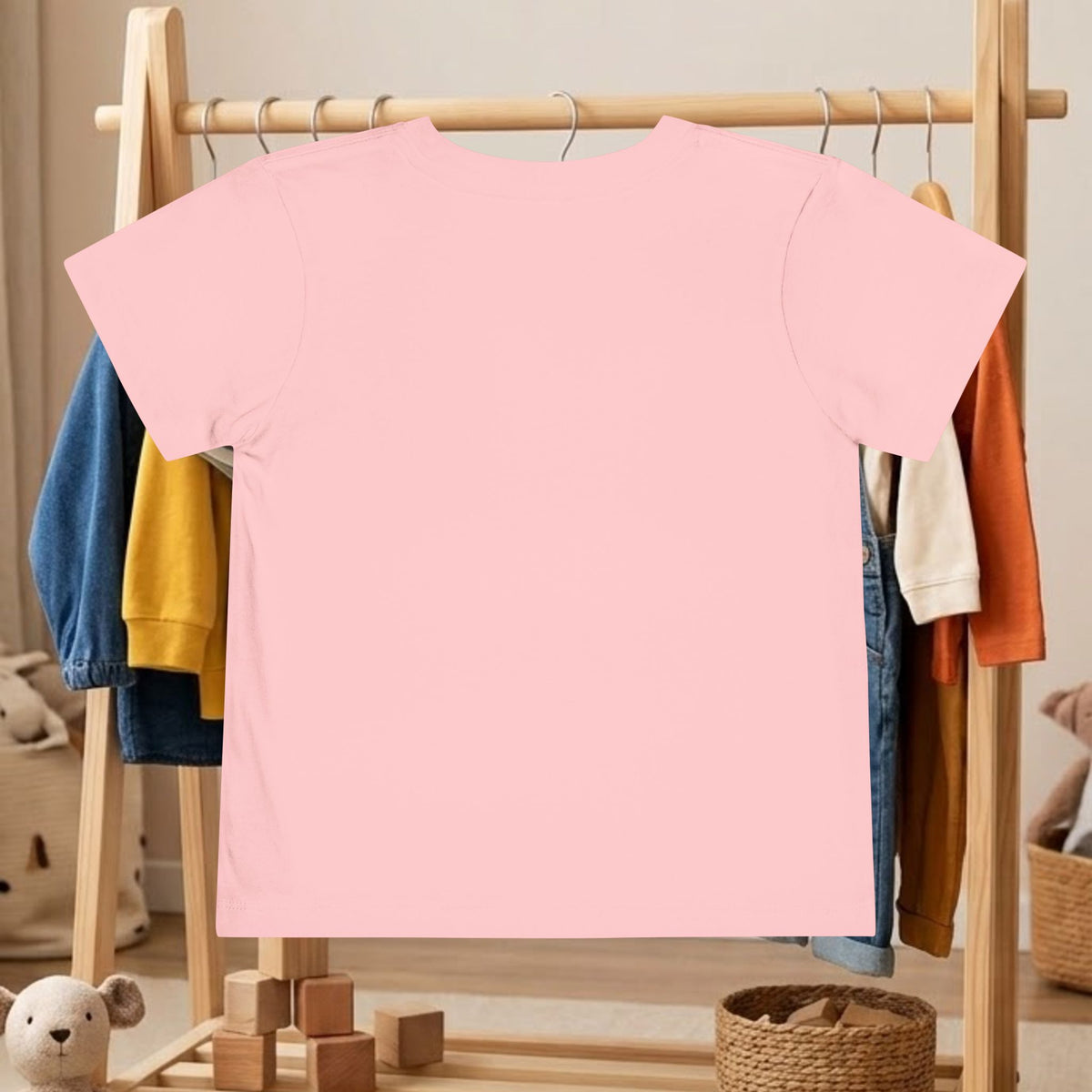 Toddler tee, pink short-sleeve shirt on hanger with plain front and no visible graphic