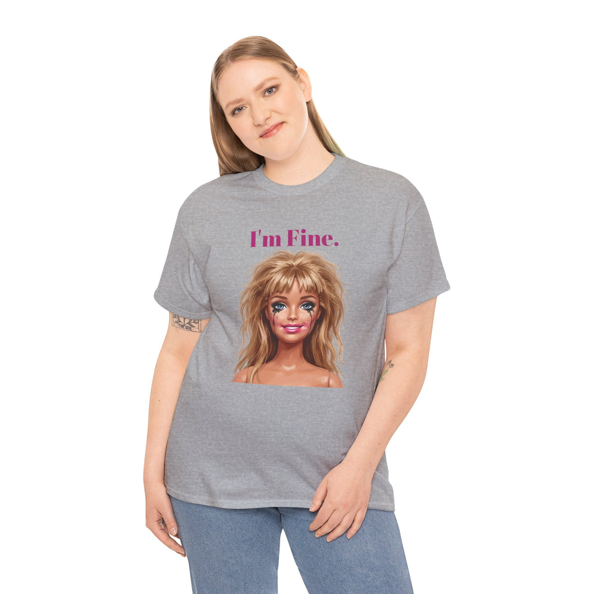Sport grey unisex graphic tee with 'I'm Fine.' text and doll face portrait print