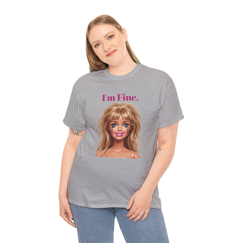 Sport grey unisex graphic tee with 'I'm Fine.' text and doll face portrait print