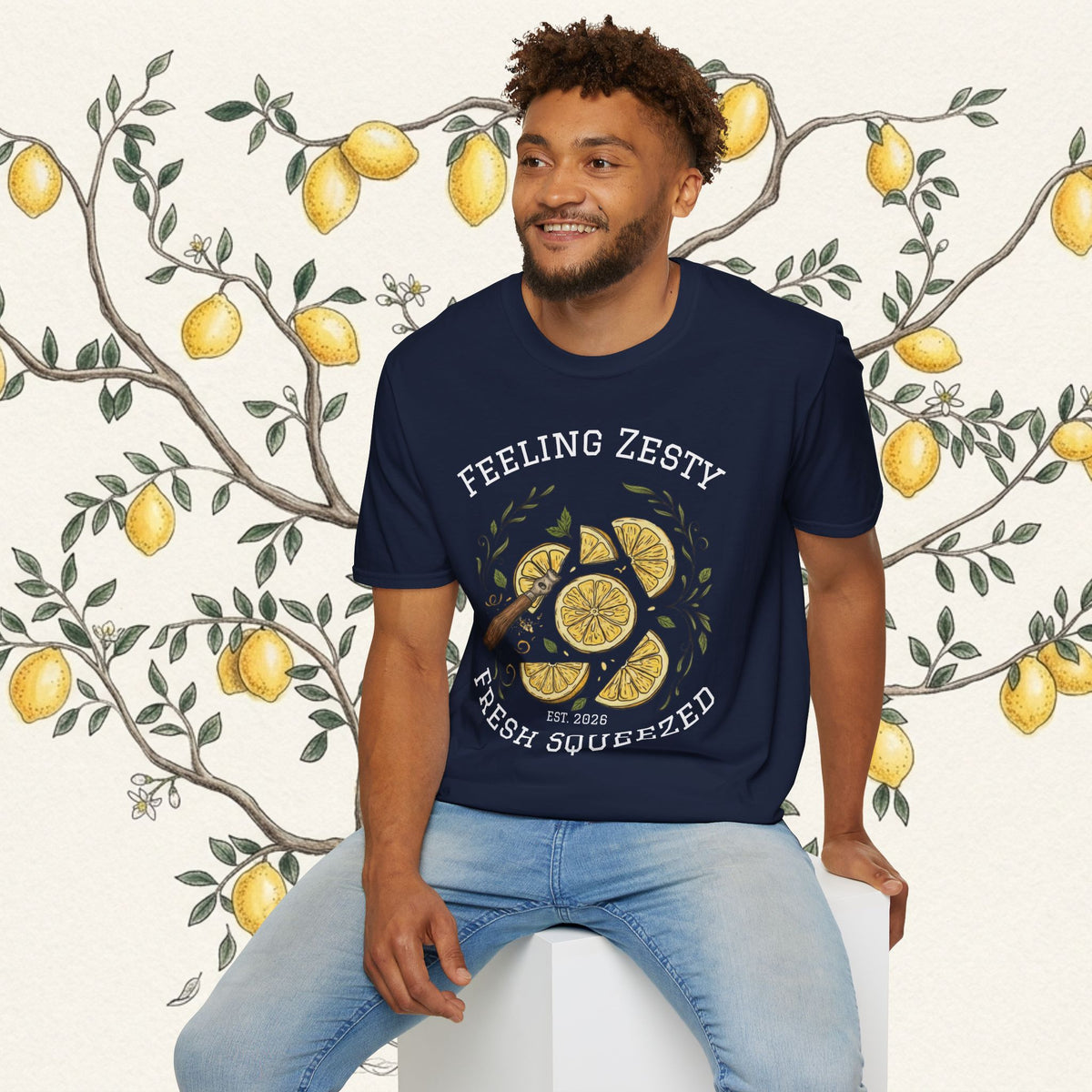Navy graphic lemon slice t-shirt with “Feeling Zesty” citrus artwork
