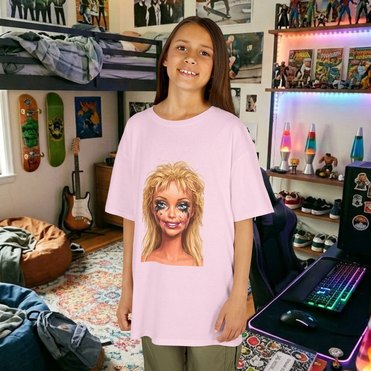 Light pink kids T-shirt with blonde doll face portrait print on front