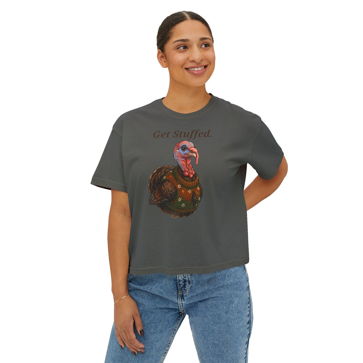 Dark gray crewneck T-shirt with "Get Stuffed." turkey graphic on front.