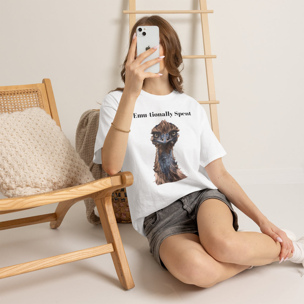 White emu-themed graphic t-shirt with slogan and animal portrait on front, short sleeve