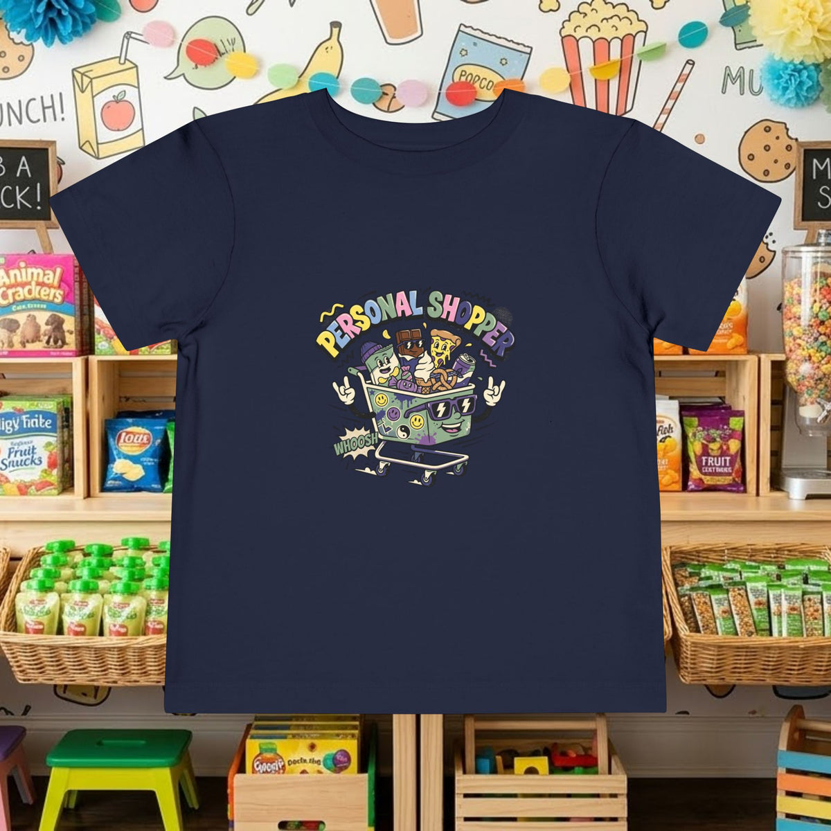 Toddler T-shirt in navy blue with “Personal Shopper” shopping cart graphic on front