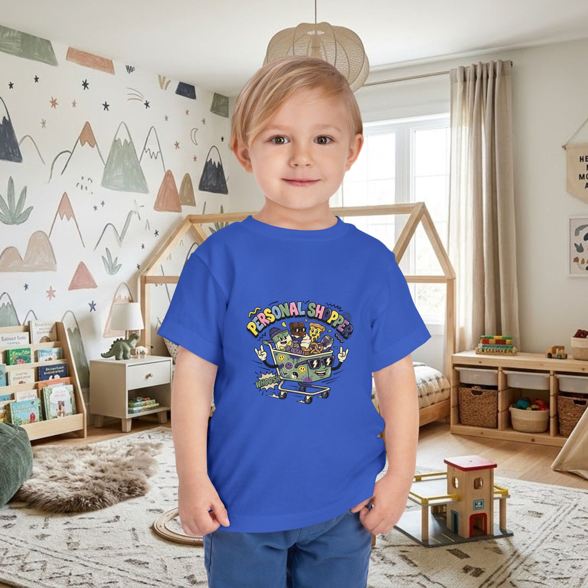 Toddler T-shirt in royal blue with colorful shopping cart graphic on front
