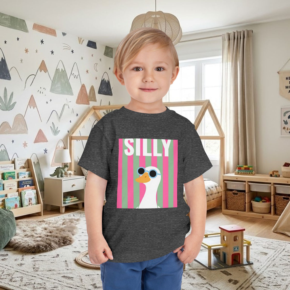 Toddler graphic tee in dark heather grey with colorful “SILLY” sunglasses duck print