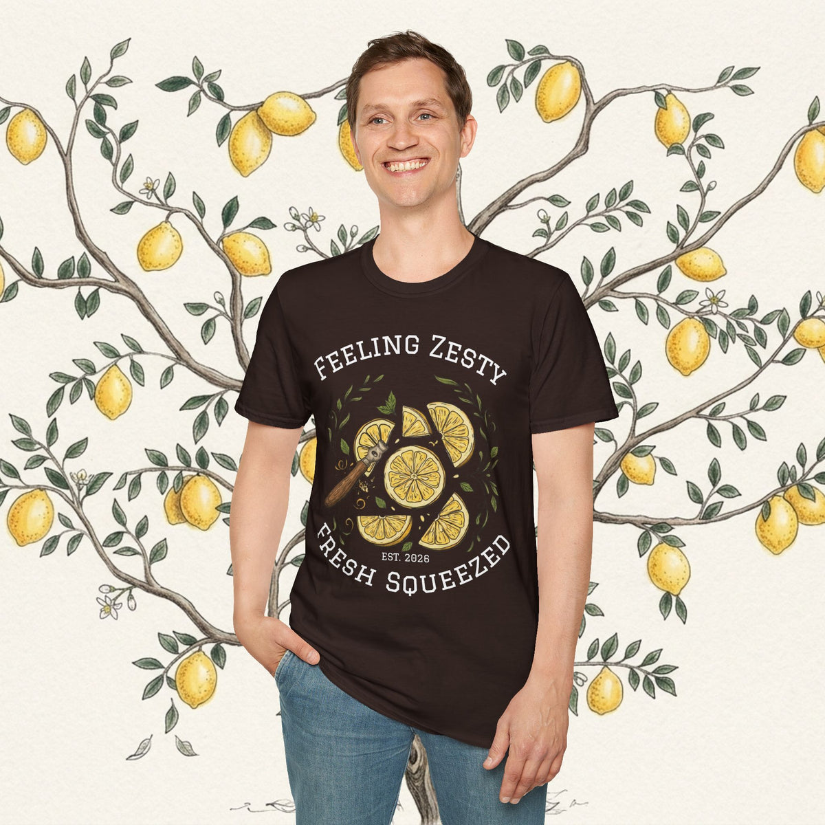 Dark brown graphic t-shirt with lemon slice print and 'Feeling Zesty' lettering.