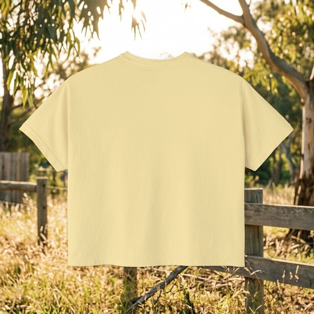 Women’s boxy graphic tee in ivory, plain back view with crew neck