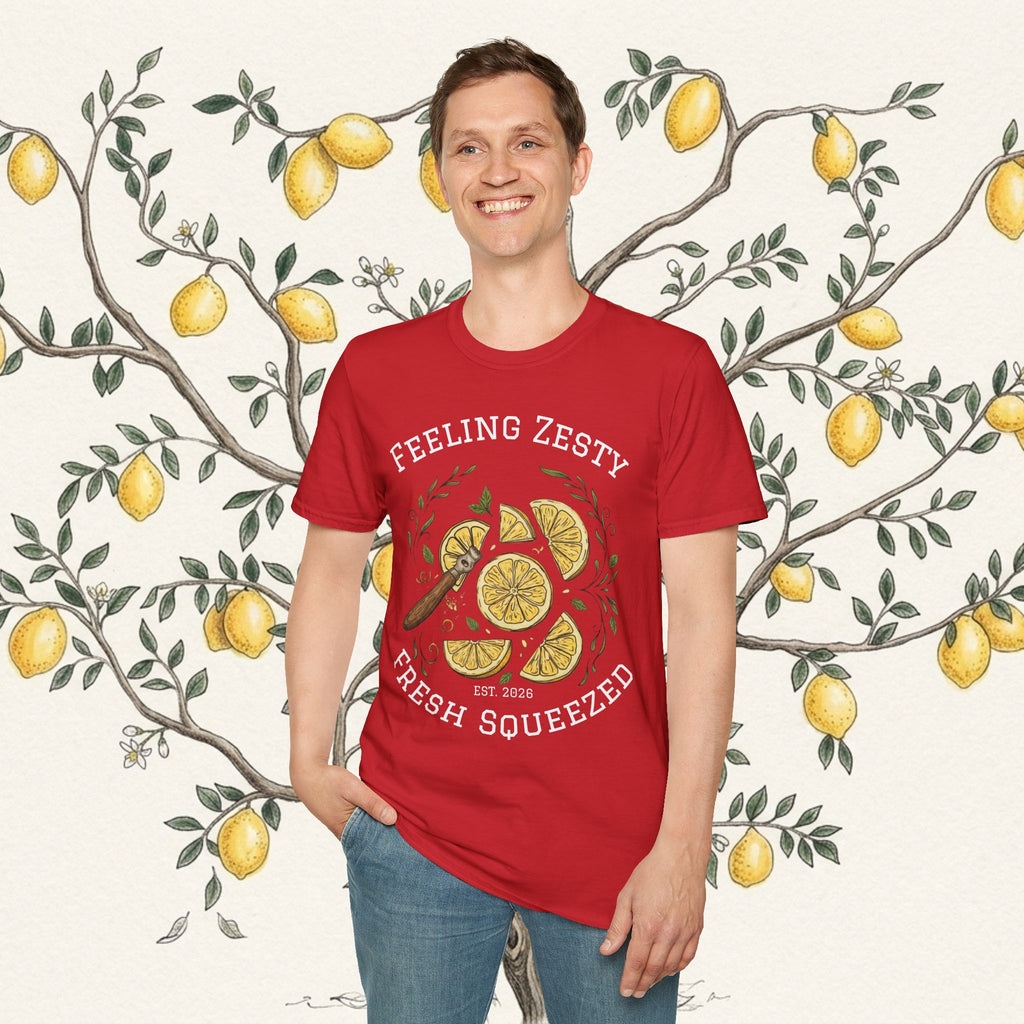 Red graphic lemon slice t-shirt with “Fresh Squeezed” text, worn on model