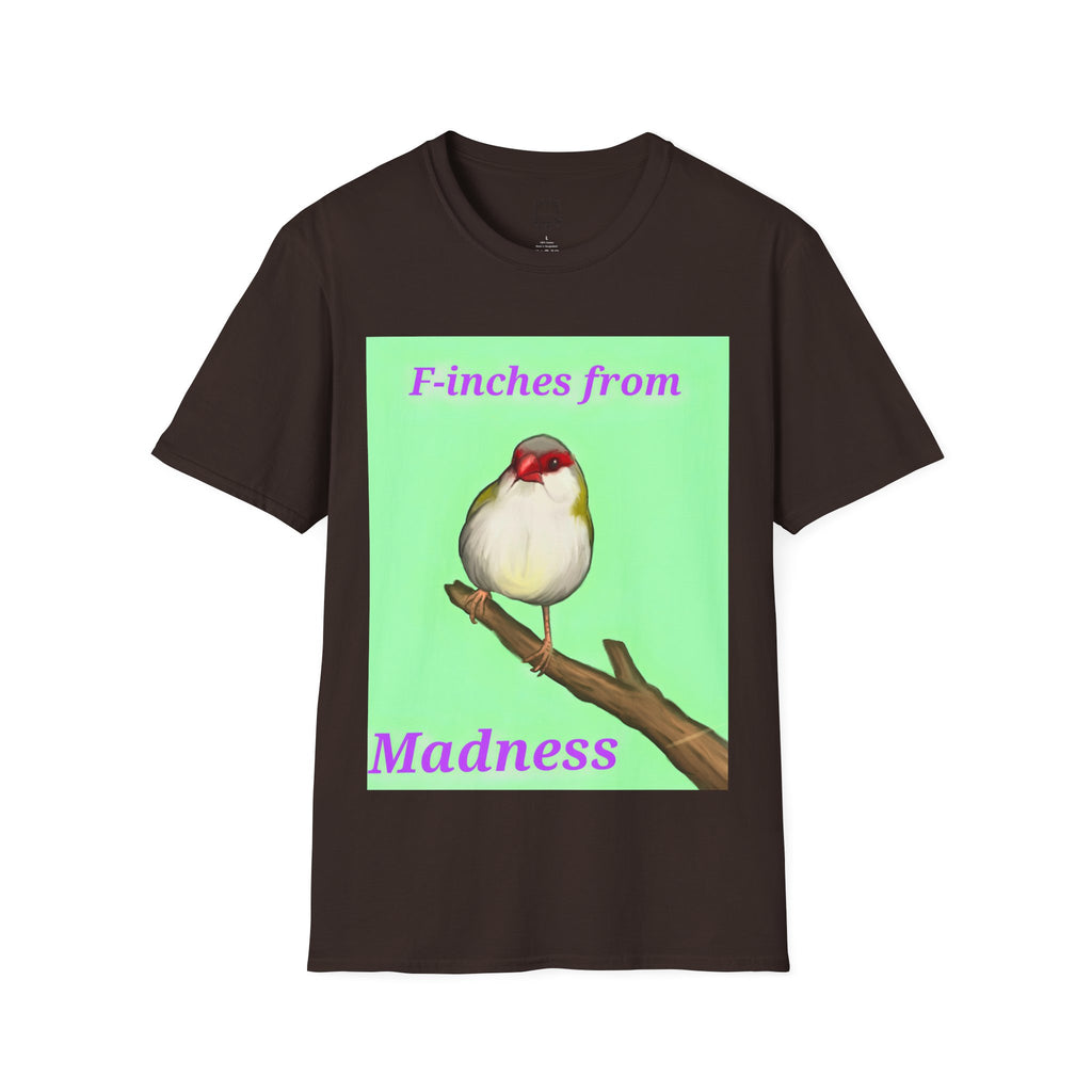 Dark brown T-shirt with red-and-white bird graphic and pink “Madness” text
