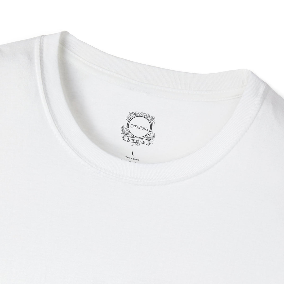 White crew-neck T-shirt close-up of collar and small neck label