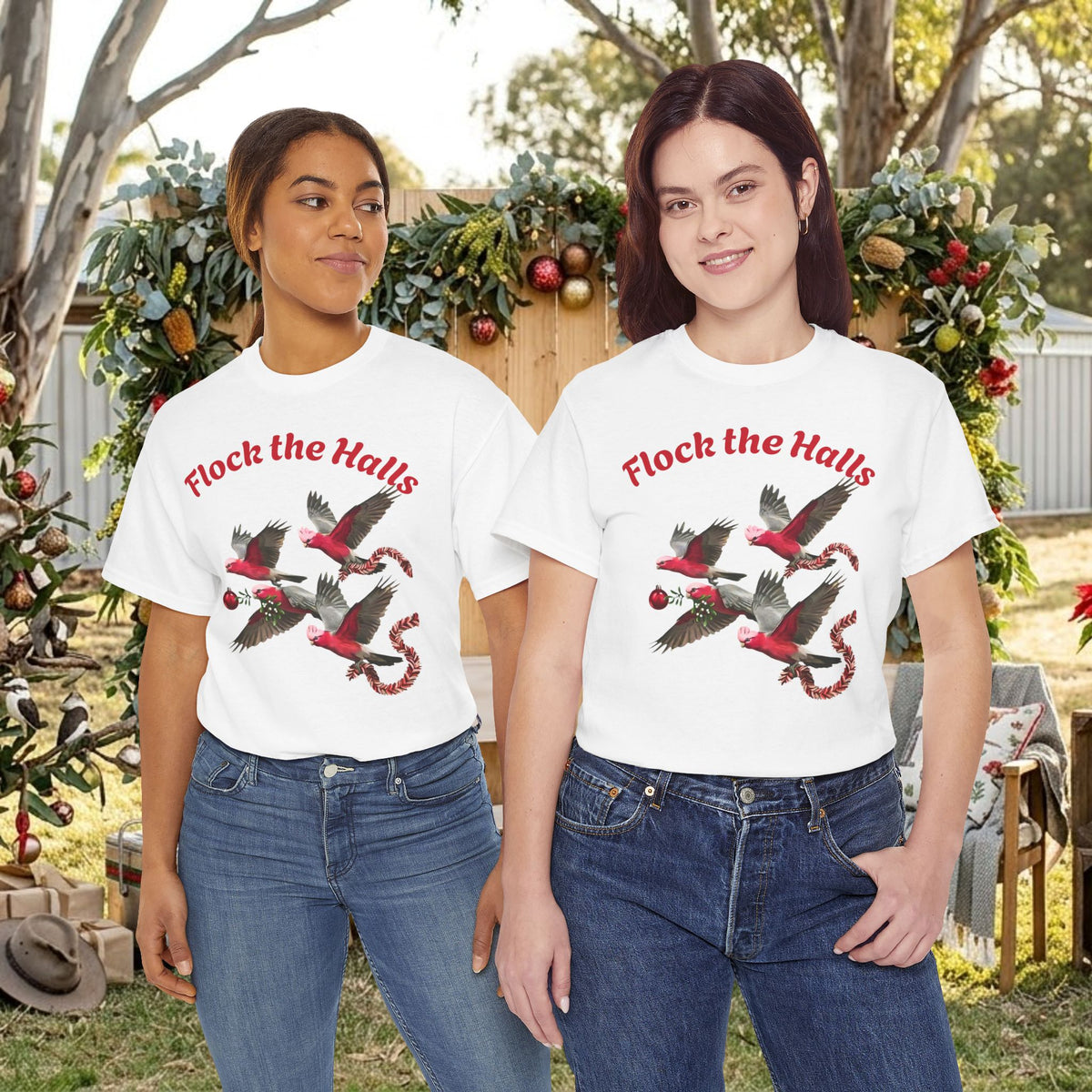 White cardinals graphic t-shirt with “Flock the Halls” text, worn by two models