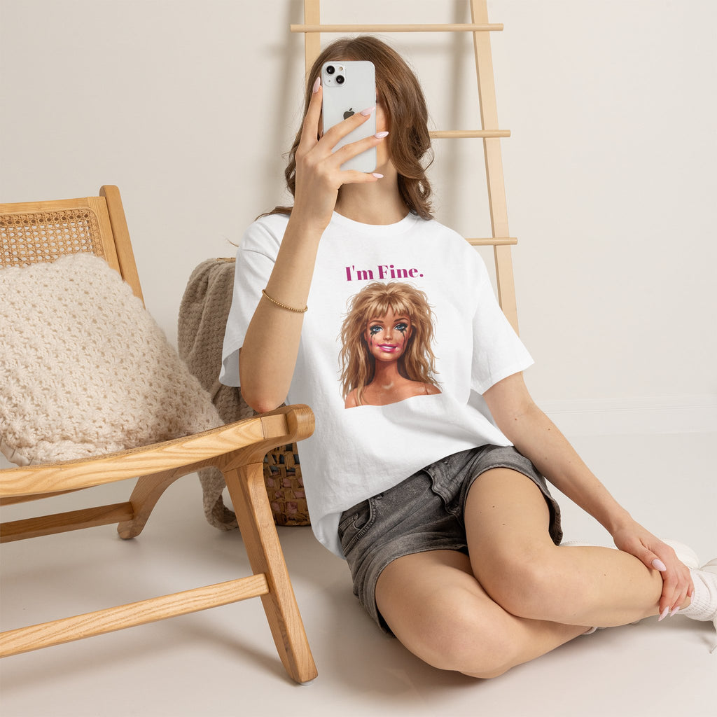 White crewneck T-shirt with doll face graphic and “I’m Fine.” text center chest
