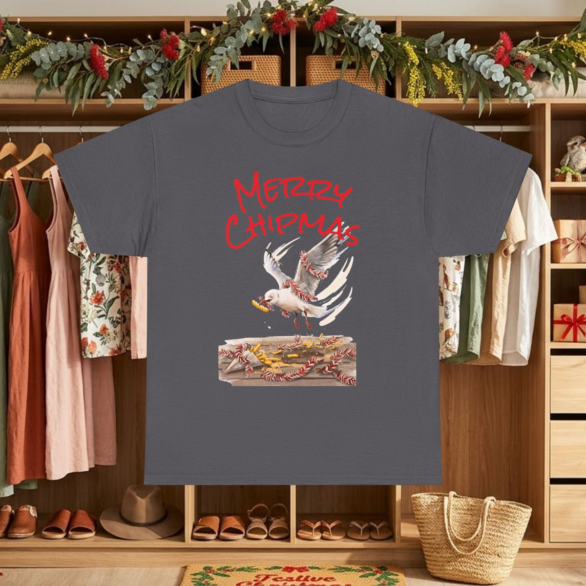 Dark gray Christmas graphic T-shirt with "Merry Chipmas" seagull illustration