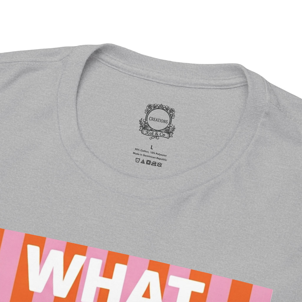 Heather gray T-shirt back collar close-up with small circular logo patch