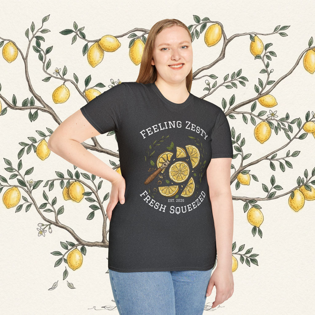 Black graphic tee with lemon slice artwork and 'Feeling Zesty' slogan