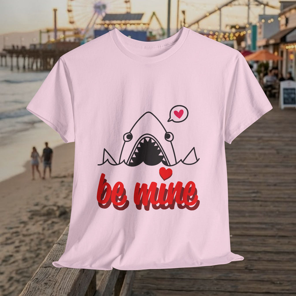 Light pink graphic shark T-shirt with heart and 'be mine' print