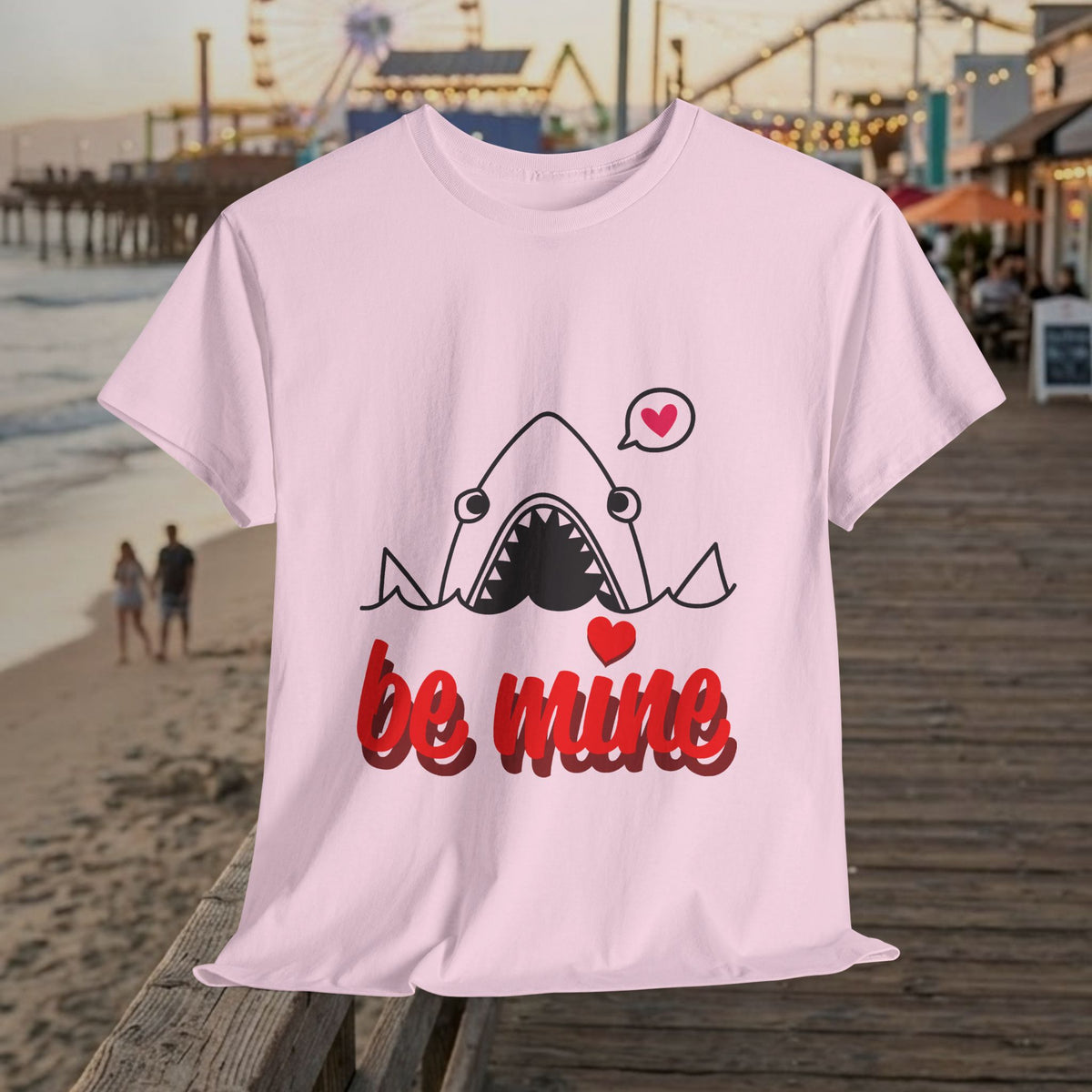 Light pink graphic shark T-shirt with heart and 'be mine' print