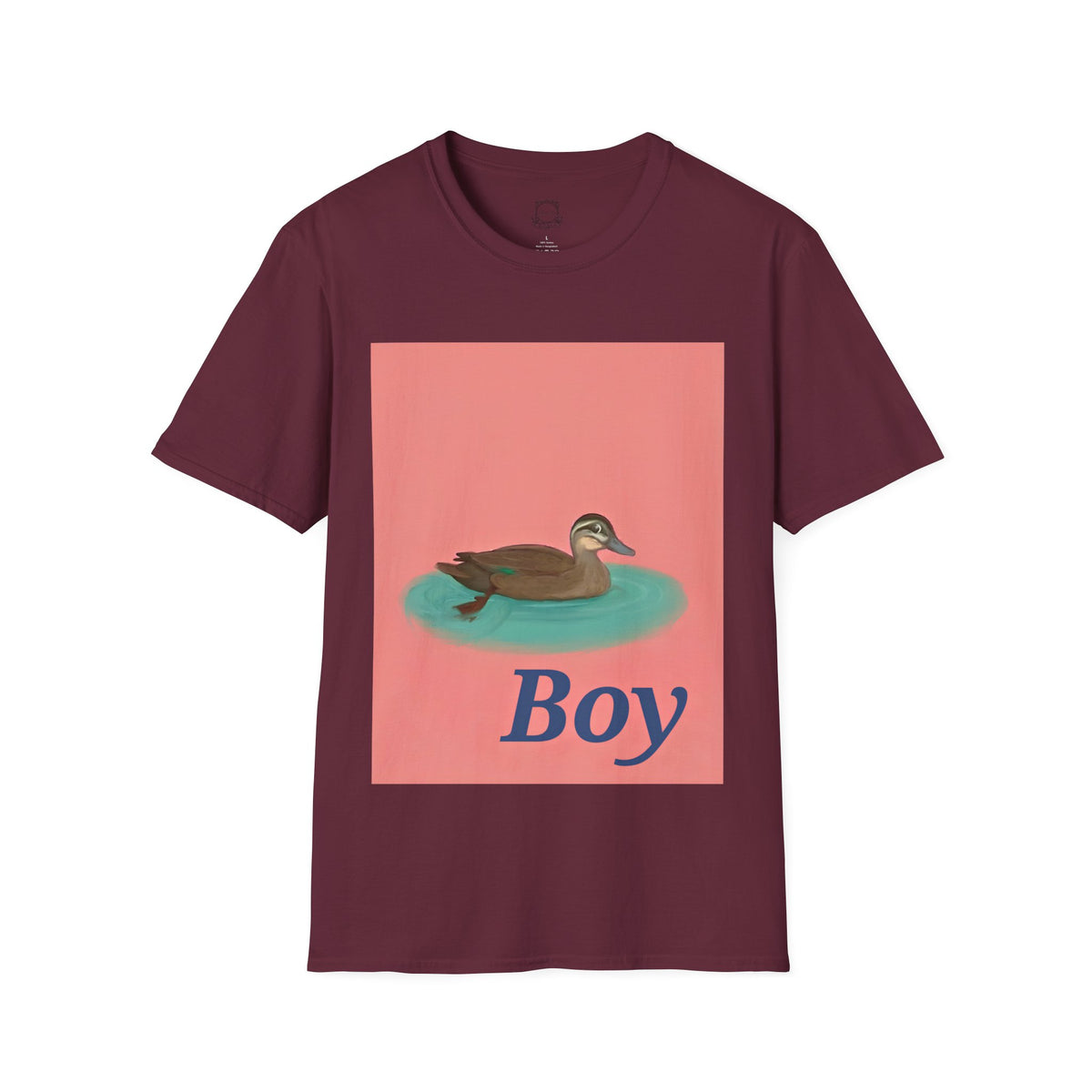 Burgundy crew-neck t-shirt with square duck-on-water graphic and 'Boy' text.